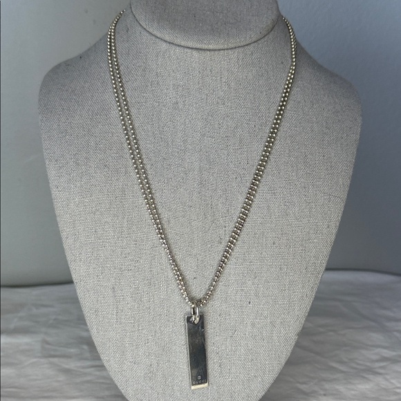 Gucci 925 Sterling Silver Double Ball Chain Necklace with Rectangular Pendant